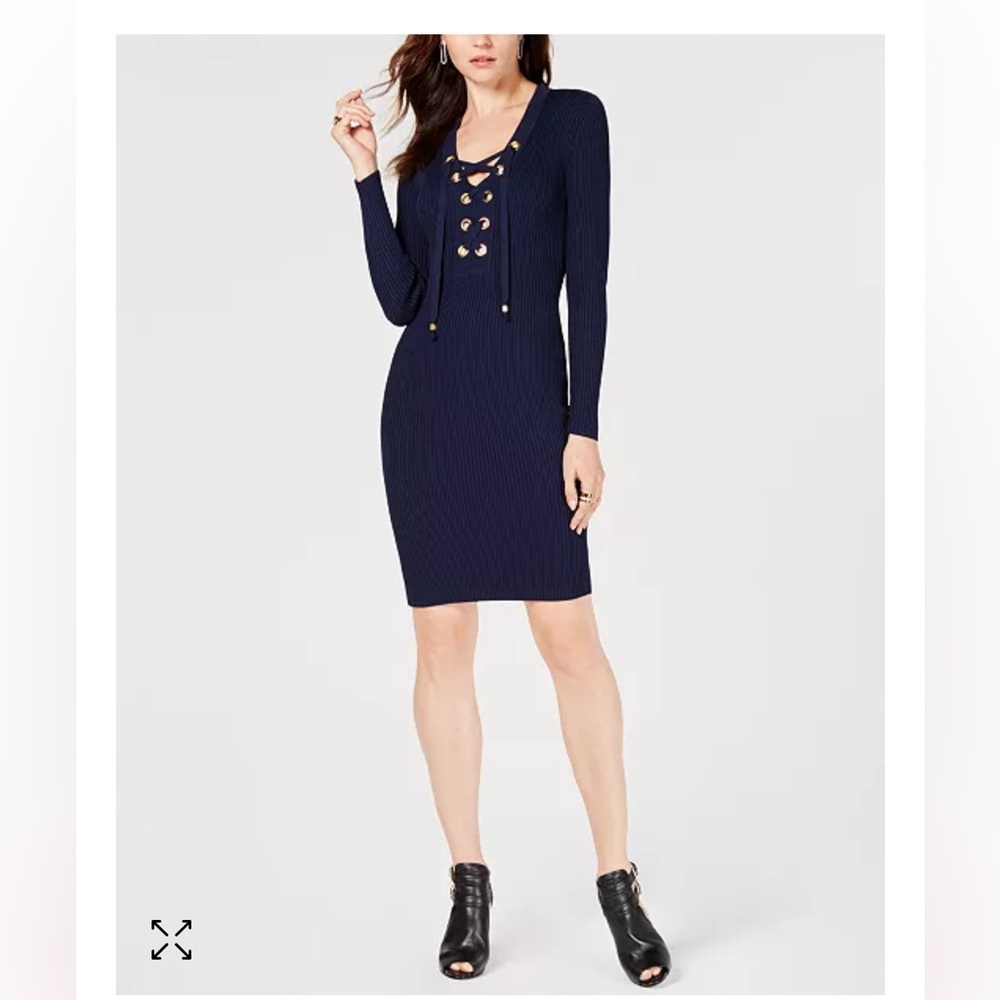 Michael Kors Lace-Up Rib Knit Bodycon Navy Blue Dress Long Sleeve Size L ASO TV